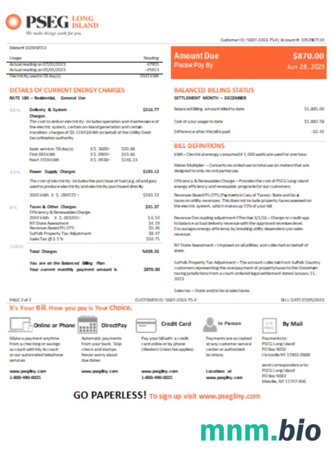 New Jersey PSEG electricity utility bill, page 2
